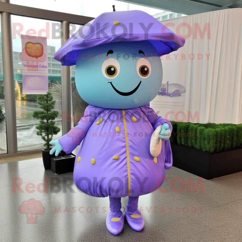 Lavender Burgers mascot costume character dressed with a Raincoat and Earrings