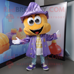 Lavender Burgers mascot costume character dressed with a Raincoat and Earrings