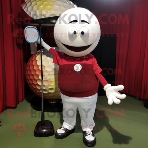 Maroon Golf Ball mascot costume character dressed with a Long Sleeve Tee and Clutch bags