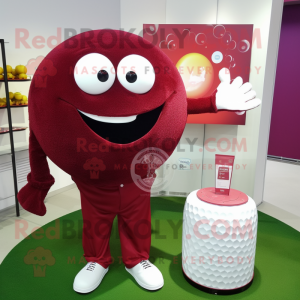 Maroon Golf Ball mascot costume character dressed with a Long Sleeve Tee and Clutch bags