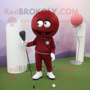 Maroon Golf Ball mascot costume character dressed with a Long Sleeve Tee and Clutch bags
