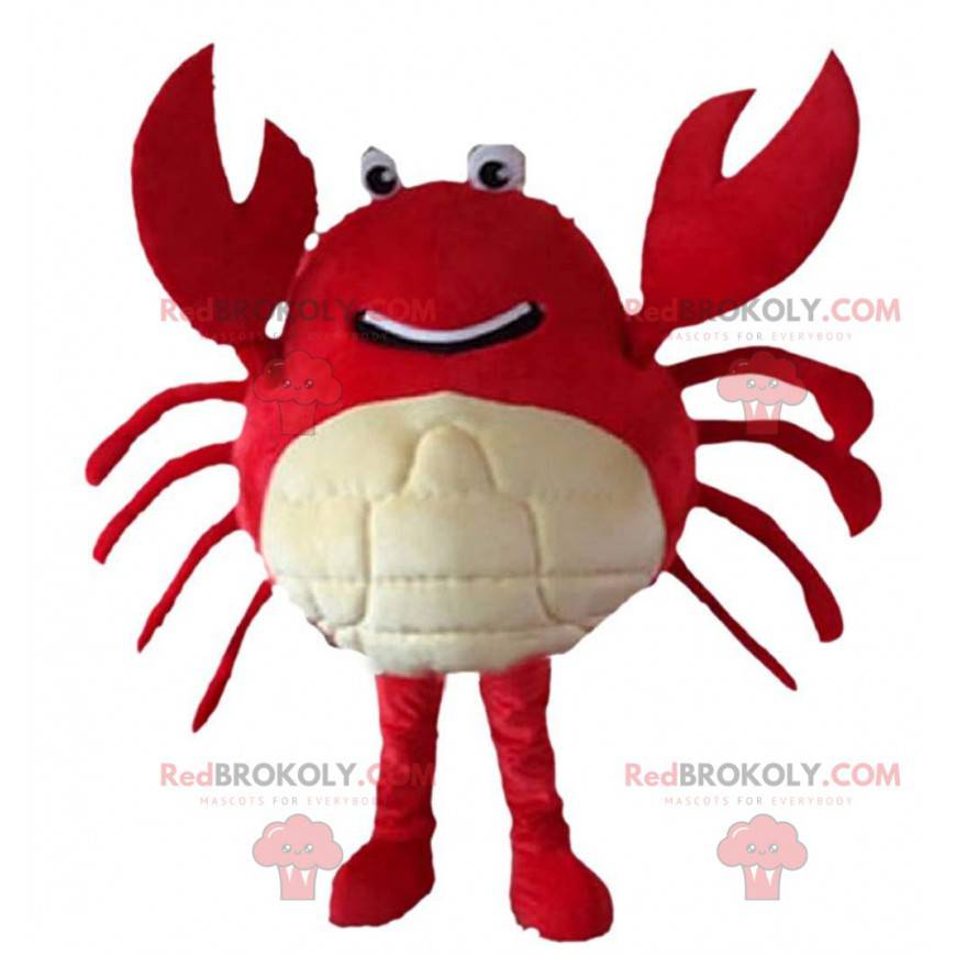 Mascota cangrejo gigante rojo y blanco, traje de mar -