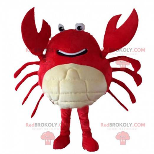 Mascota cangrejo gigante rojo y blanco, traje de mar -