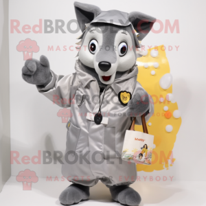 Gray Dingo mascot costume character dressed with a Raincoat and Coin purses