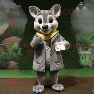 Gray Dingo mascot costume character dressed with a Raincoat and Coin purses