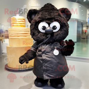Black Wedding Cake mascot costume character dressed with a Parka and Messenger bags