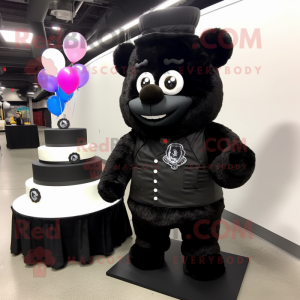 Black Wedding Cake mascot costume character dressed with a Parka and Messenger bags