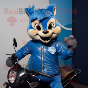 Blue Squirrel mascot costume character dressed with a Moto Jacket and Wraps