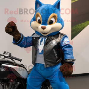 Blue Squirrel mascot costume character dressed with a Moto Jacket and Wraps