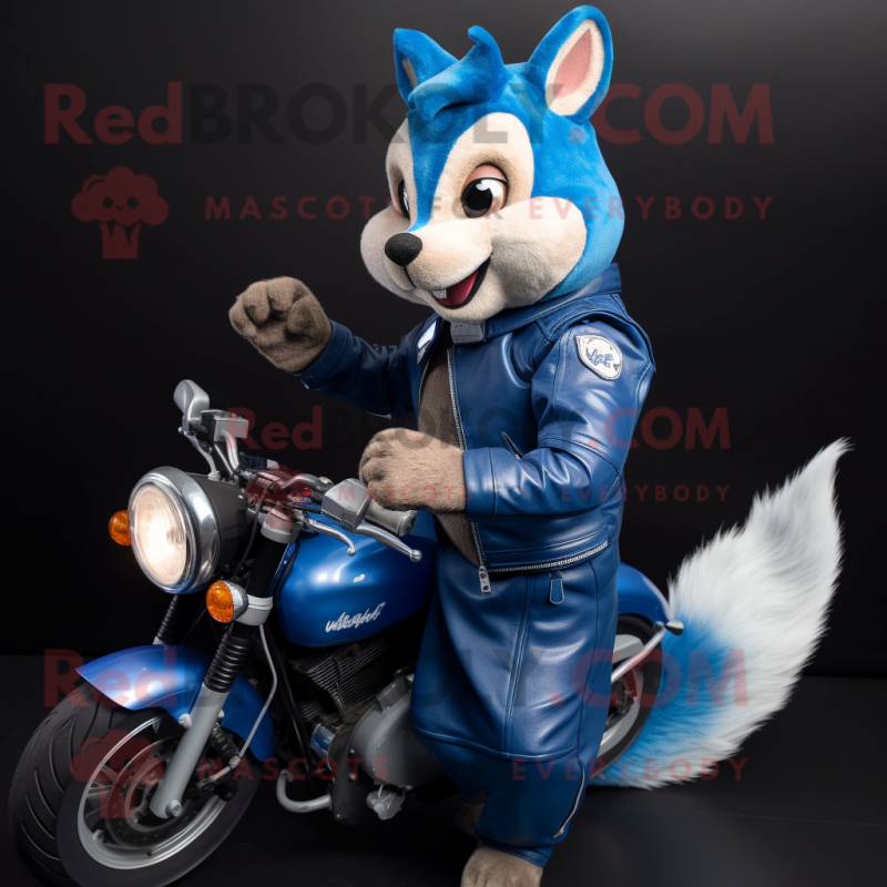 Blue Squirrel mascot costume character dressed with a Moto Jacket and Wraps Blue Squirrel mascot costume character dressed with a Moto Jacket and Wraps