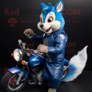 Blue Squirrel mascot costume character dressed with a Moto Jacket and Wraps
