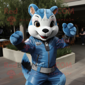 Blue Squirrel mascot costume character dressed with a Moto Jacket and Wraps