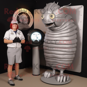 Silver Trilobite mascot costume character dressed with a Henley Shirt and Watches