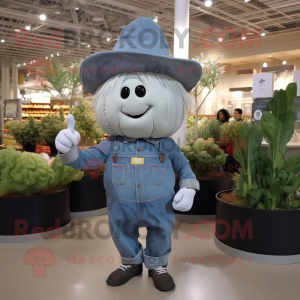 Gray Beet mascot costume character dressed with a Denim Shirt and Hats