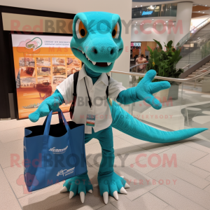 Teal Coelophysis mascot costume character dressed with a Poplin Shirt and Tote bags