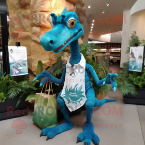 Teal Coelophysis mascot costume character dressed with a Poplin Shirt and Tote bags