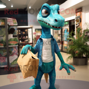 Teal Coelophysis mascot costume character dressed with a Poplin Shirt and Tote bags