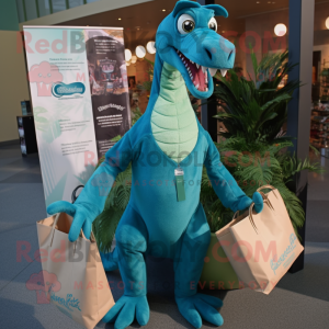 Teal Coelophysis mascot costume character dressed with a Poplin Shirt and Tote bags