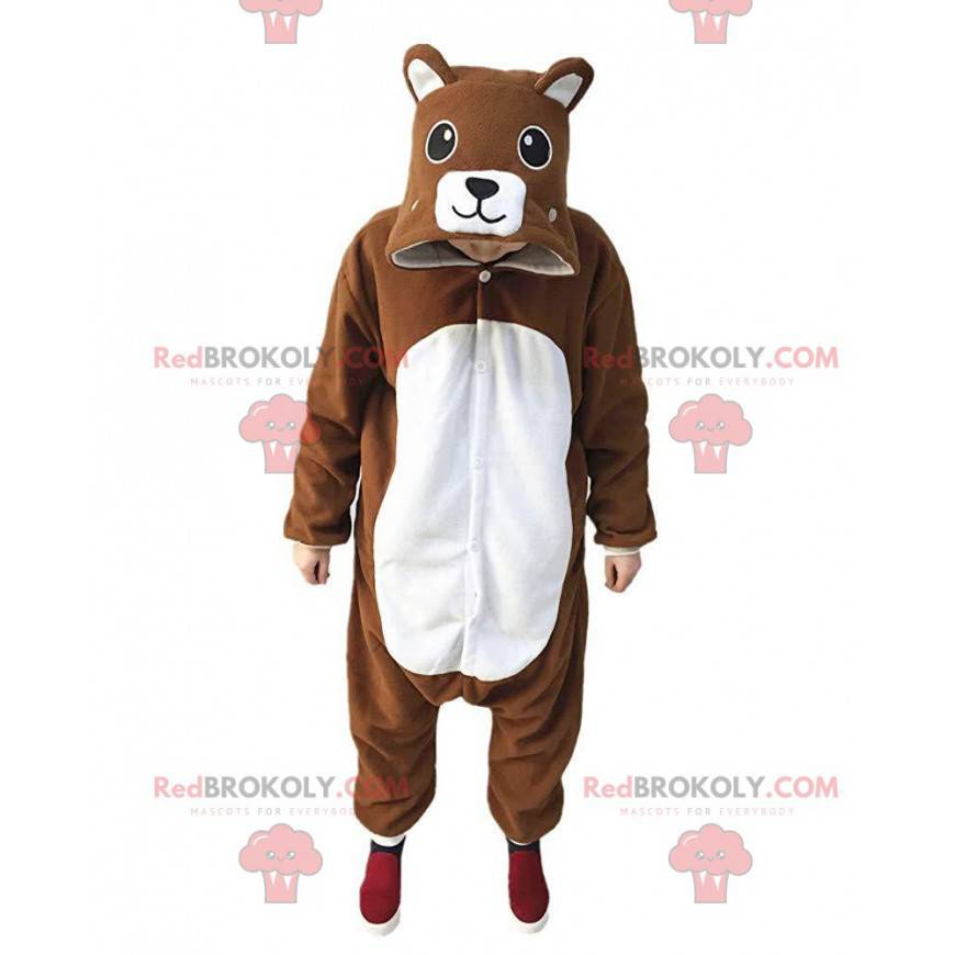 Pijama de urso de pelúcia marrom e branco, combinação de