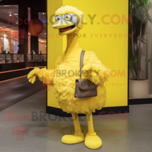 Yellow Ostrich mascot costume character dressed with a Turtleneck and Clutch bags