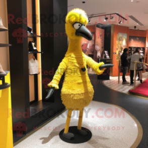 Yellow Ostrich mascot costume character dressed with a Turtleneck and Clutch bags