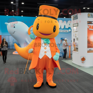 Orange Narwhal mascot costume character dressed with a Dress Pants and Hat pins