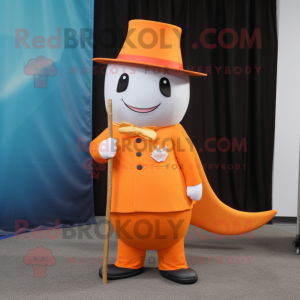 Orange Narwhal mascot costume character dressed with a Dress Pants and Hat pins