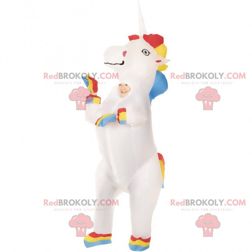 Mascota de unicornio inflable muy colorida, disfraz de