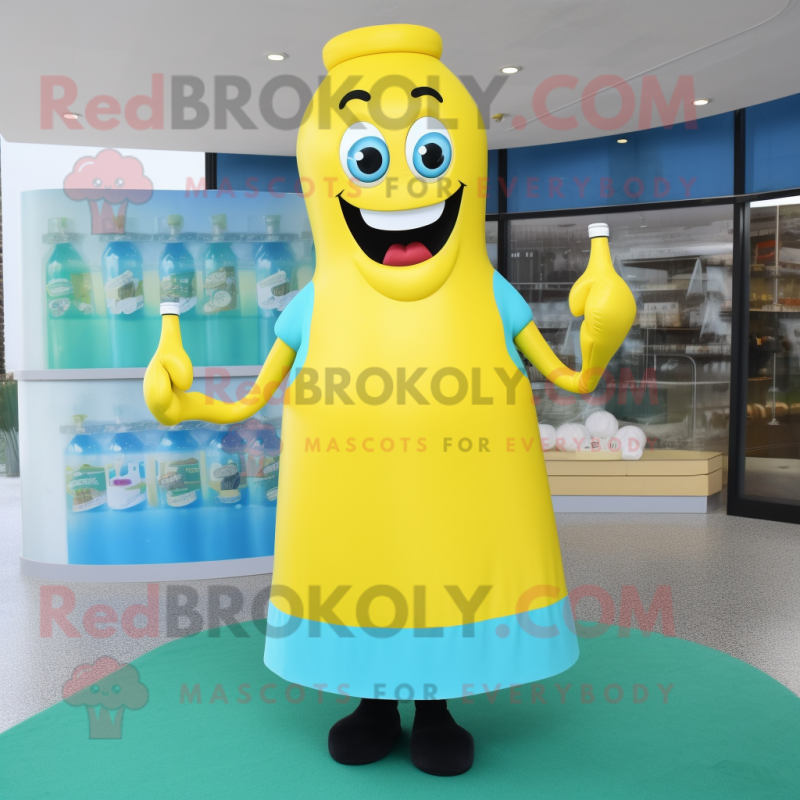 Cyan Bottle Of Mustard mascot costume character dressed with a Dress and Foot pads Cyan Bottle Of Mustard mascot costume character dressed with a Dress and Foot pads