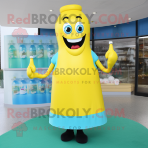 Cyan Bottle Of Mustard mascot costume character dressed with a Dress and Foot pads