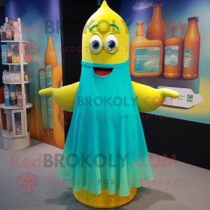 Cyan Bottle Of Mustard mascot costume character dressed with a Dress and Foot pads