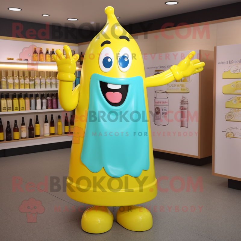 Cyan Bottle Of Mustard mascot costume character dressed with a Dress and Foot pads Cyan Bottle Of Mustard mascot costume character dressed with a Dress and Foot pads