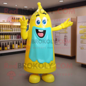 Cyan Bottle Of Mustard mascot costume character dressed with a Dress and Foot pads