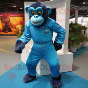 Blue Chimpanzee mascot costume character dressed with a Jumpsuit and Anklets