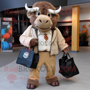 Tan Buffalo mascot costume character dressed with a Suit Jacket and Tote bags