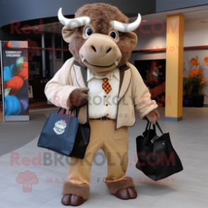 Tan Buffalo mascot costume character dressed with a Suit Jacket and Tote bags