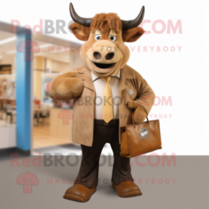 Tan Buffalo mascot costume character dressed with a Suit Jacket and Tote bags