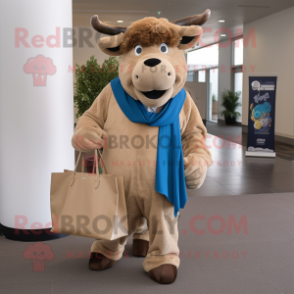 Tan Buffalo mascot costume character dressed with a Suit Jacket and Tote bags