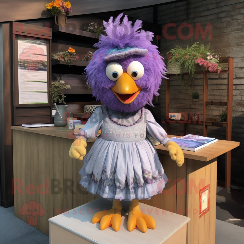 Lavender Hens mascot costume character dressed with a Wrap Skirt and Hair clips