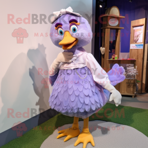 Lavender Hens mascot costume character dressed with a Wrap Skirt and Hair clips