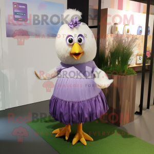 Lavender Hens mascot costume character dressed with a Wrap Skirt and Hair clips