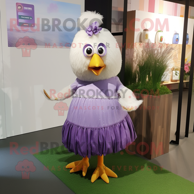 Lavender Hens mascot costume character dressed with a Wrap Skirt and Hair clips Lavender Hens mascot costume character dressed with a Wrap Skirt and Hair clips