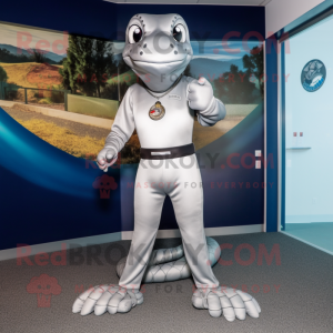 Silver Anaconda mascot costume character dressed with a Capri Pants and Lapel pins