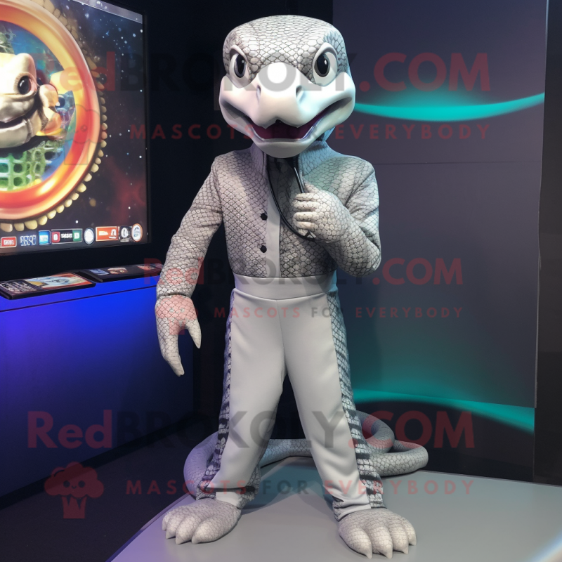 Silver Anaconda mascot costume character dressed with a Capri Pants and Lapel pins