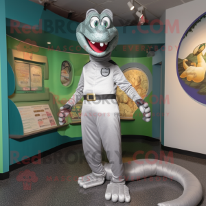 Silver Anaconda mascot costume character dressed with a Capri Pants and Lapel pins