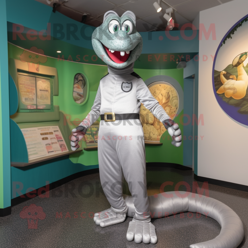 Silver Anaconda mascot costume character dressed with a Capri Pants and Lapel pins Silver Anaconda mascot costume character dressed with a Capri Pants and Lapel pins