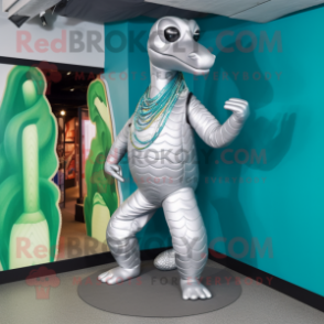 Silver Anaconda mascot costume character dressed with a Capri Pants and Lapel pins