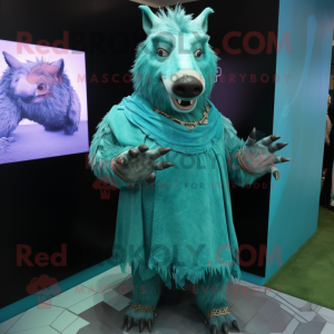 Cyan Wild Boar mascot costume character dressed with a A-Line Dress and Bracelets