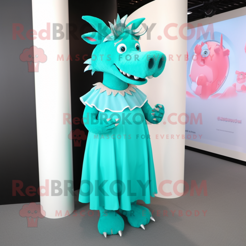 Cyan Wild Boar mascot costume character dressed with a A-Line Dress and Bracelets Cyan Wild Boar mascot costume character dressed with a A-Line Dress and Bracelets