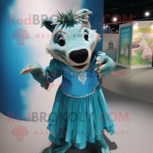 Cyan Wild Boar mascot costume character dressed with a A-Line Dress and Bracelets